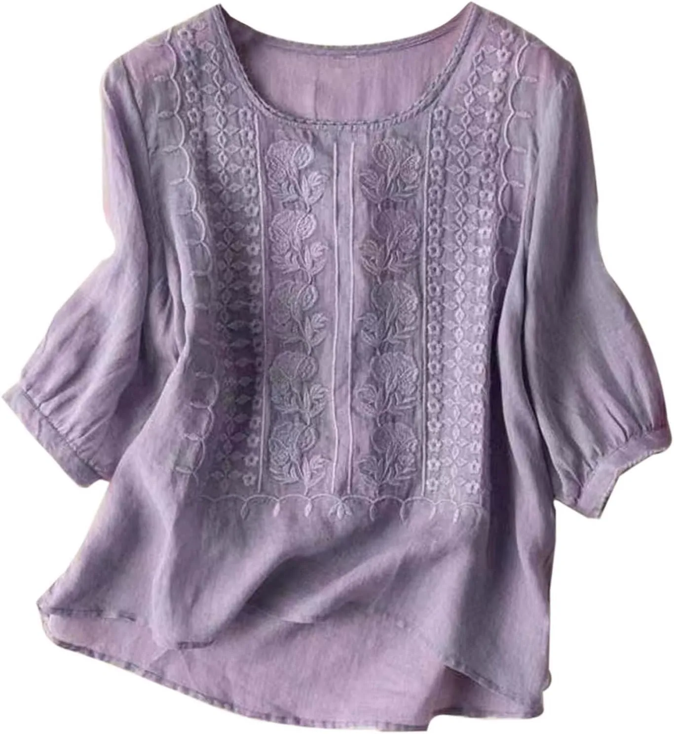 Linen Tops for Women Summer Trendy Retro Embroidered 3/4 Length Sleeve Tops Dressy Casual Blouses Boho Cute Shirts