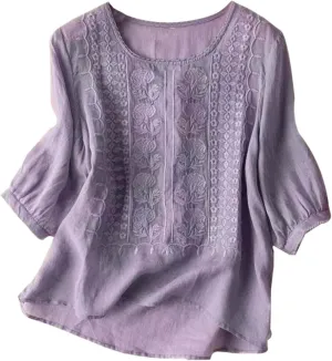 Linen Tops for Women Summer Trendy Retro Embroidered 3/4 Length Sleeve Tops Dressy Casual Blouses Boho Cute Shirts