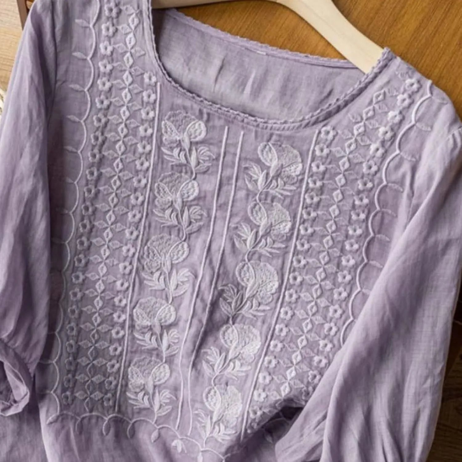 Linen Tops for Women Summer Trendy Retro Embroidered 3/4 Length Sleeve Tops Dressy Casual Blouses Boho Cute Shirts