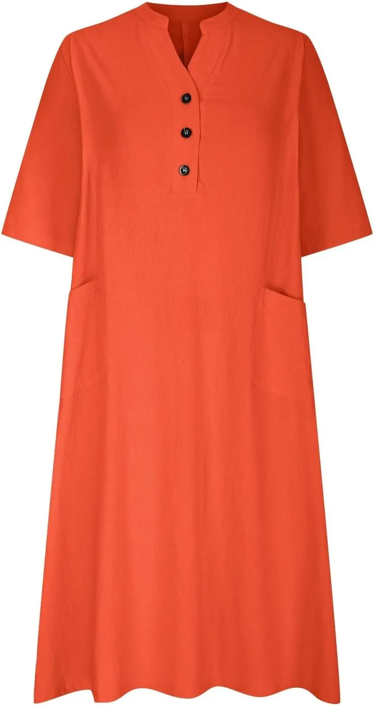 Linen Tshirt Dress for Women Short Sleeve Medium Length Button V-Neck A-line Skirt Dresses Beach Vacation Clothes
