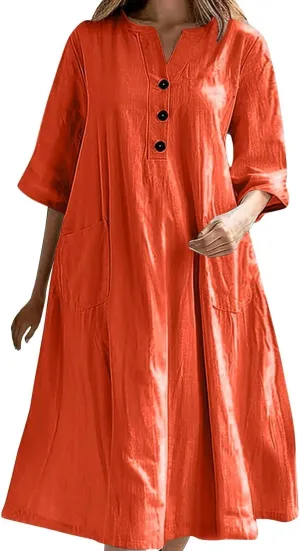 Linen Tshirt Dress for Women Short Sleeve Medium Length Button V-Neck A-line Skirt Dresses Beach Vacation Clothes