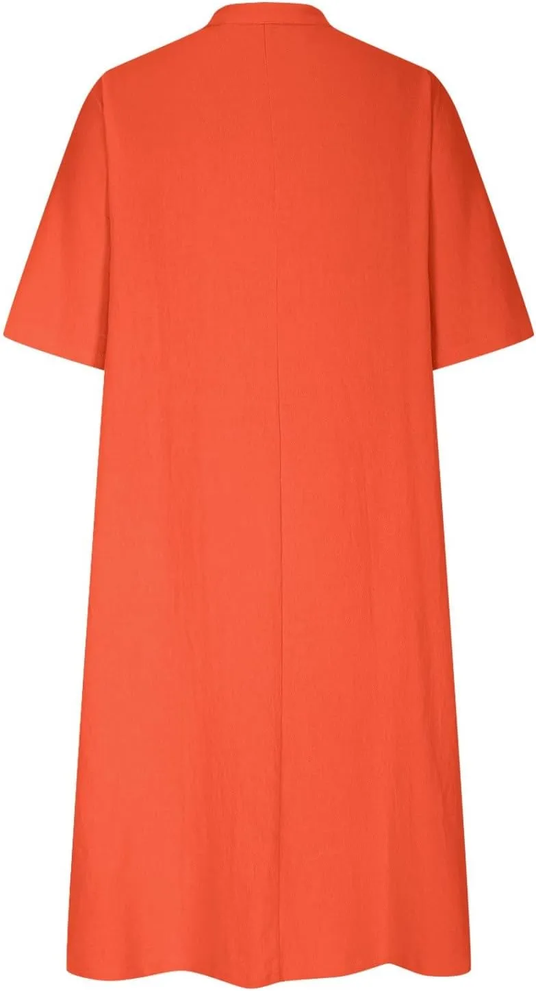 Linen Tshirt Dress for Women Short Sleeve Medium Length Button V-Neck A-line Skirt Dresses Beach Vacation Clothes