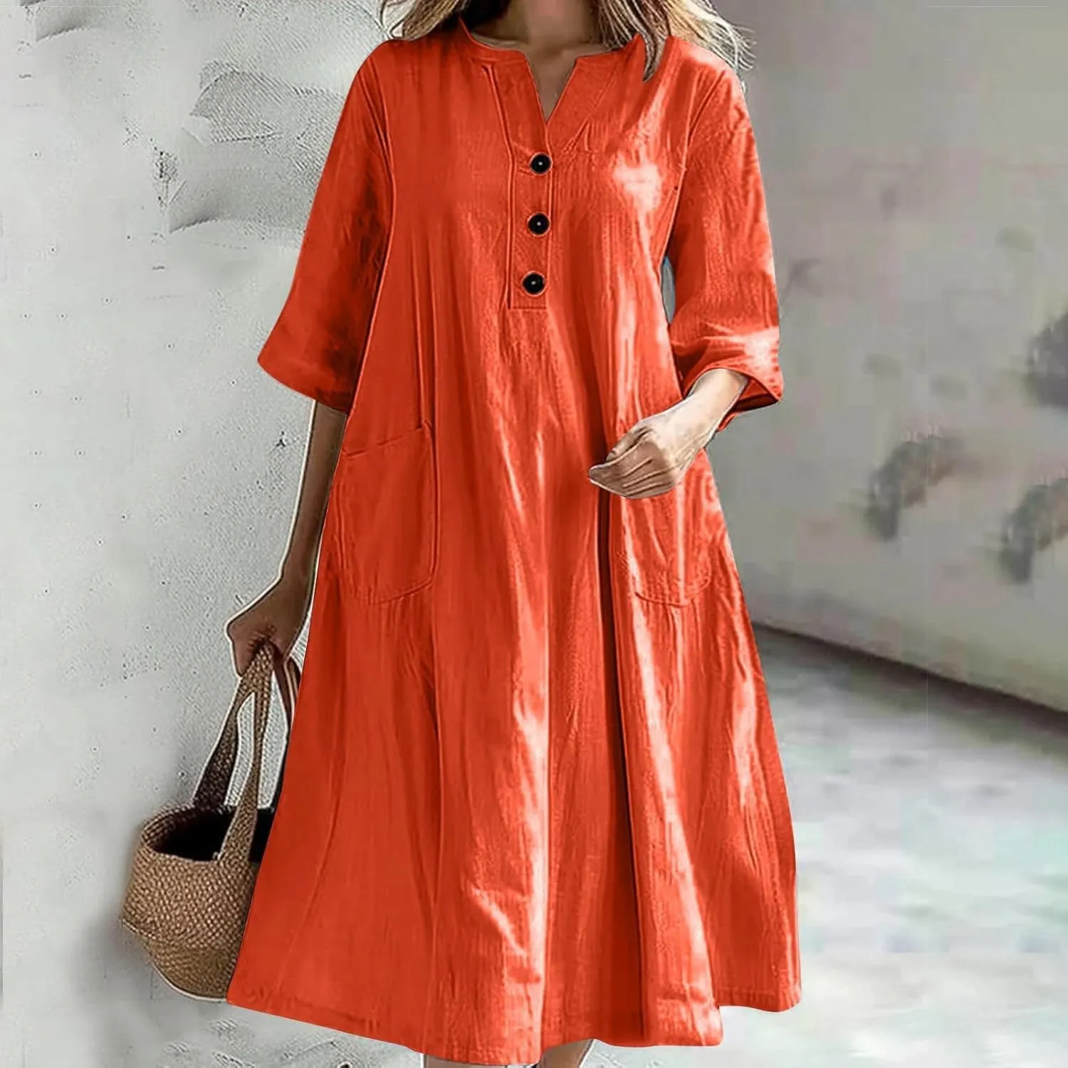 Linen Tshirt Dress for Women Short Sleeve Medium Length Button V-Neck A-line Skirt Dresses Beach Vacation Clothes