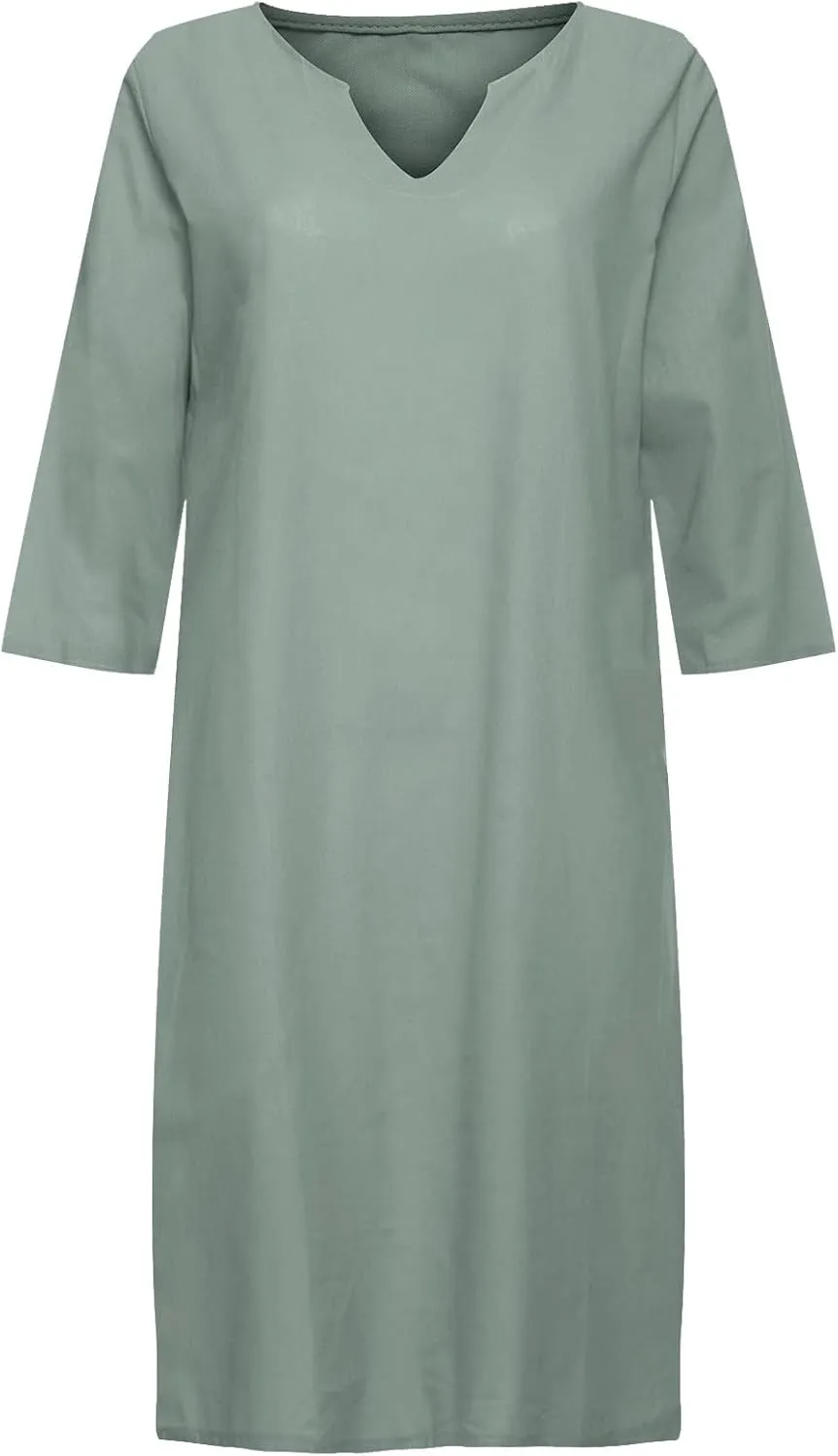 Linen Tunic Dress Women Classy Vacation V Neck Half Sleeve Midi Length Spring Wedding Guest Dress Church Outfits for Ladies