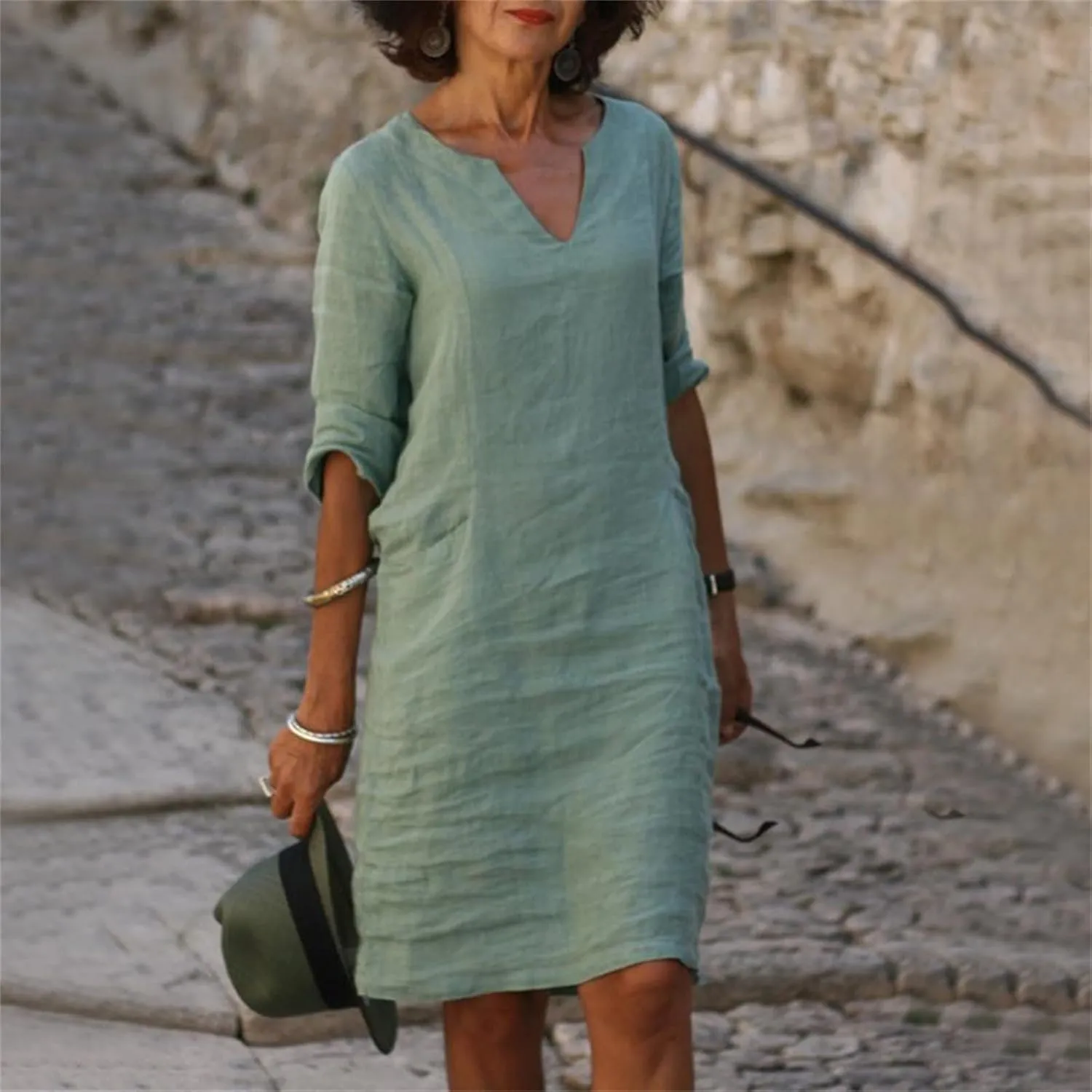 Linen Tunic Dress Women Classy Vacation V Neck Half Sleeve Midi Length Spring Wedding Guest Dress Church Outfits for Ladies