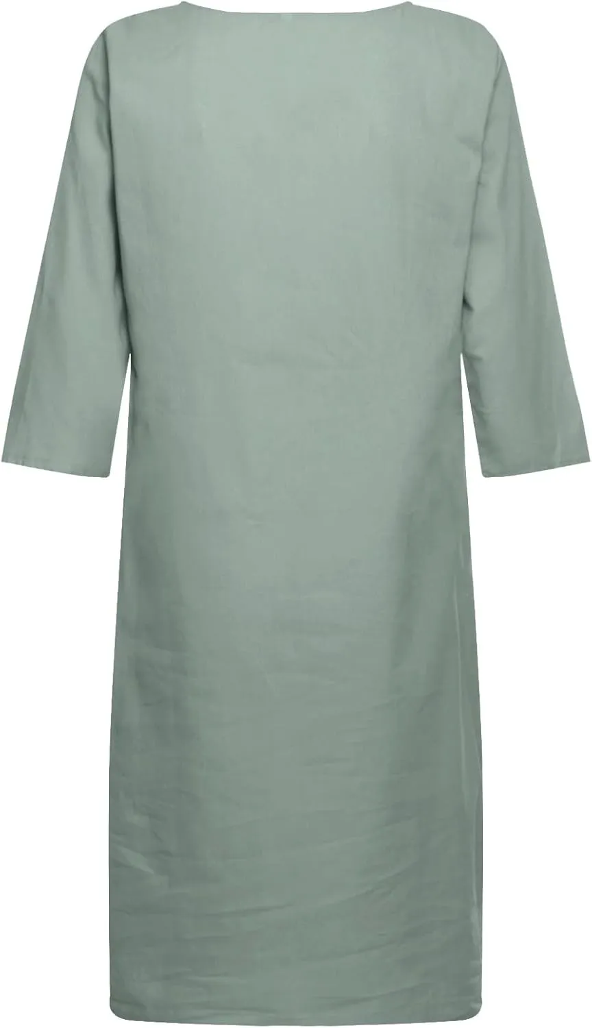 Linen Tunic Dress Women Classy Vacation V Neck Half Sleeve Midi Length Spring Wedding Guest Dress Church Outfits for Ladies