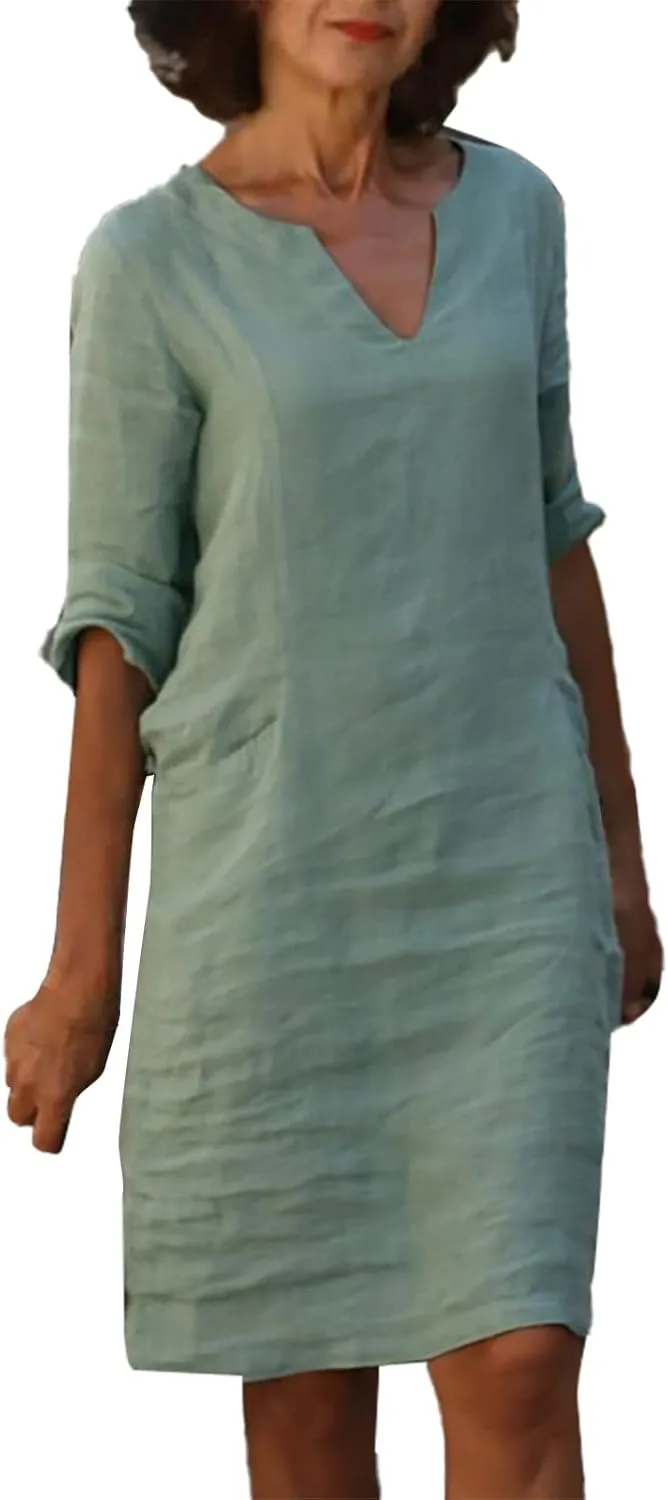 Linen Tunic Dress Women Classy Vacation V Neck Half Sleeve Midi Length Spring Wedding Guest Dress Church Outfits for Ladies