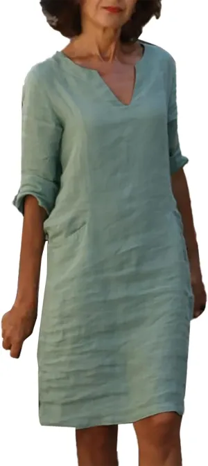 Linen Tunic Dress Women Classy Vacation V Neck Half Sleeve Midi Length Spring Wedding Guest Dress Church Outfits for Ladies