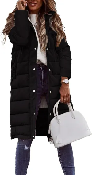 Long Down Jackets for Womens Winter Puffer Jacket Zip Up Hooded Jacket Casual Long Sleeve Quilted Coat