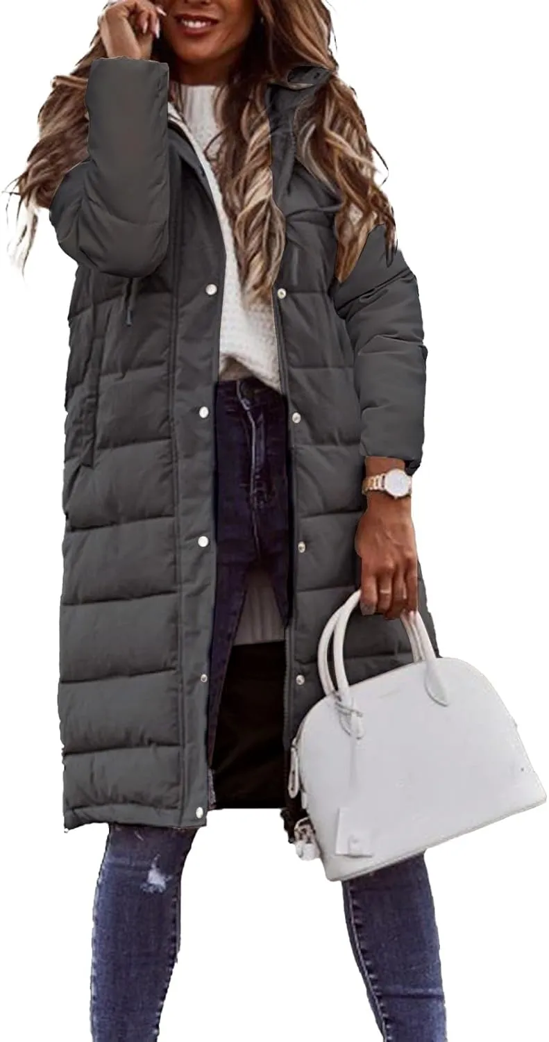 Long Down Jackets for Womens Winter Puffer Jacket Zip Up Hooded Jacket Casual Long Sleeve Quilted Coat
