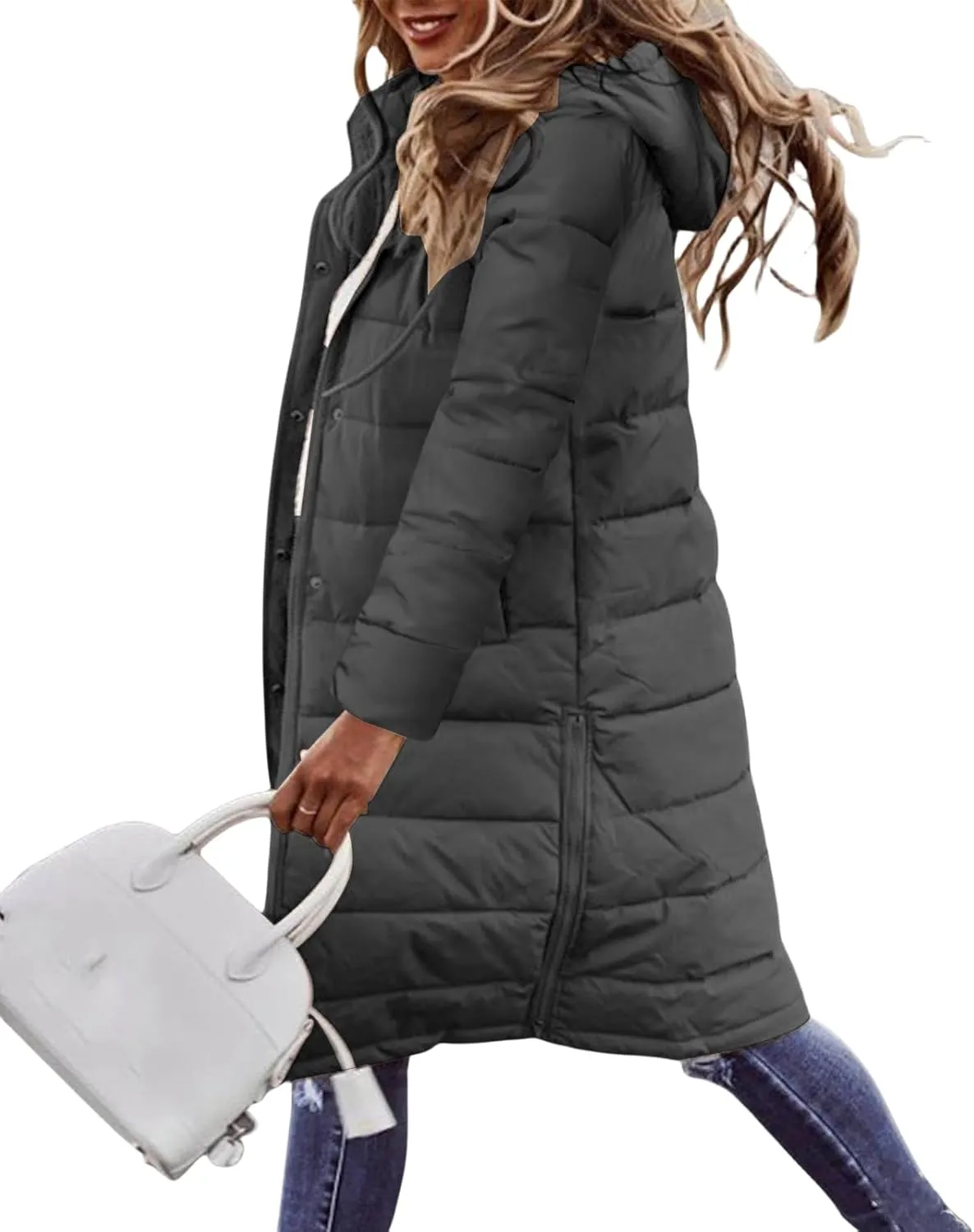 Long Down Jackets for Womens Winter Puffer Jacket Zip Up Hooded Jacket Casual Long Sleeve Quilted Coat