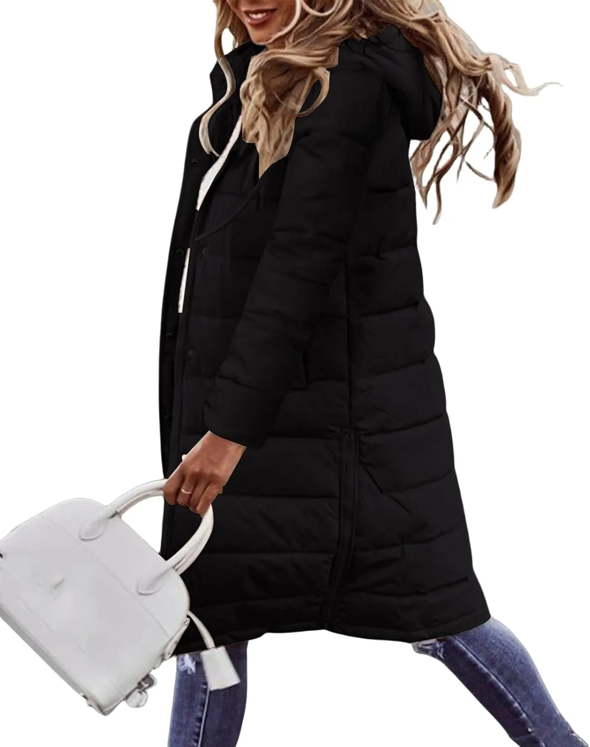 Long Down Jackets for Womens Winter Puffer Jacket Zip Up Hooded Jacket Casual Long Sleeve Quilted Coat