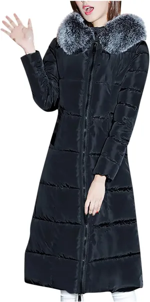 Long Down Winter Coats For Women Thicken Down Coats Full Zip Long Puffer Jacket Fur Hooded Quilted Parka Padded Jacket