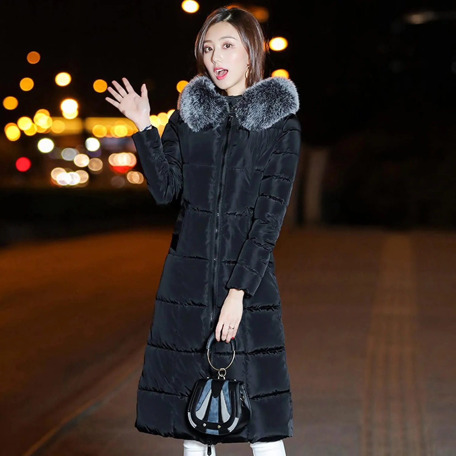 Long Down Winter Coats For Women Thicken Down Coats Full Zip Long Puffer Jacket Fur Hooded Quilted Parka Padded Jacket