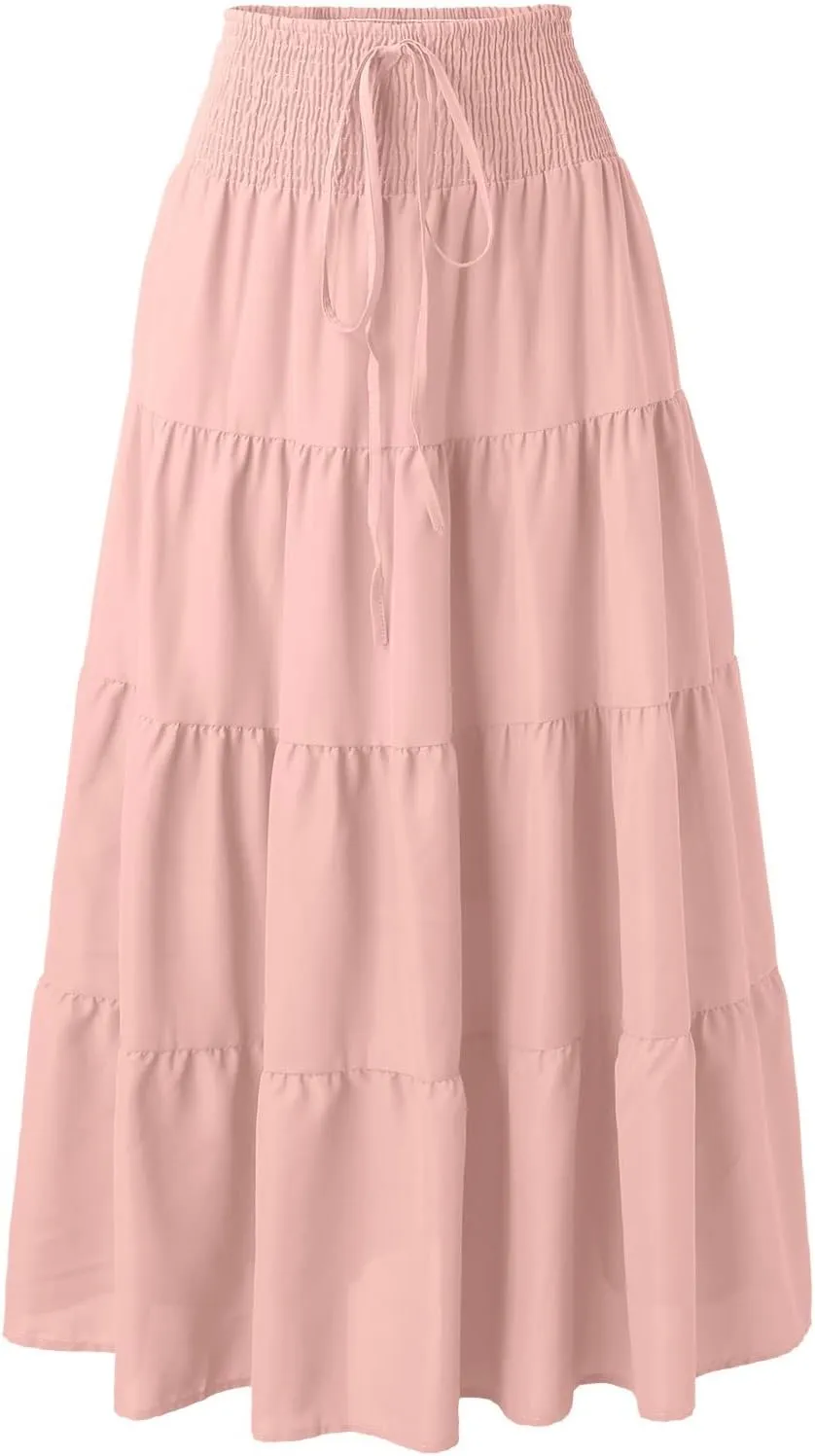 Long Pleated Skirts for Women A Line Summer High Waist Maxi Skirts Tiered Bohemian Flowy Drawstring Casual Skirts