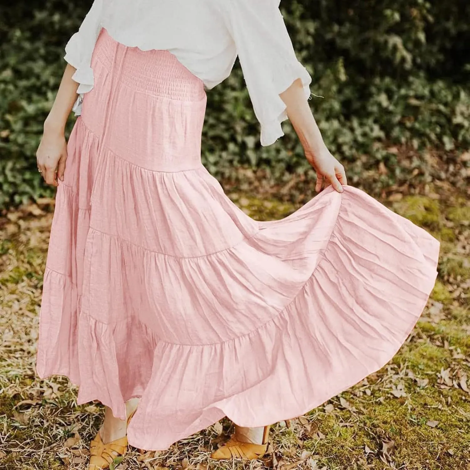 Long Pleated Skirts for Women A Line Summer High Waist Maxi Skirts Tiered Bohemian Flowy Drawstring Casual Skirts