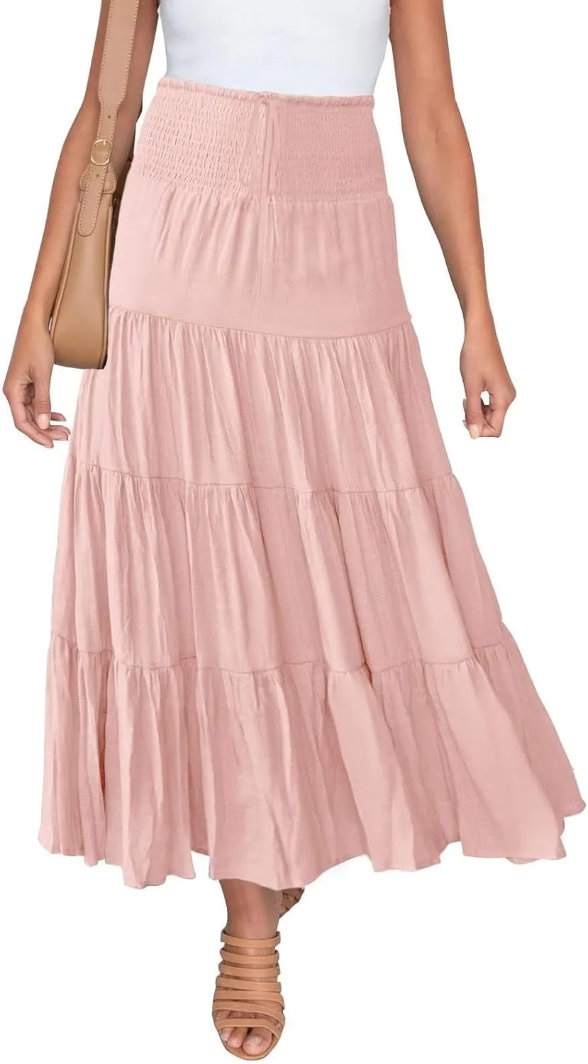 Long Pleated Skirts for Women A Line Summer High Waist Maxi Skirts Tiered Bohemian Flowy Drawstring Casual Skirts