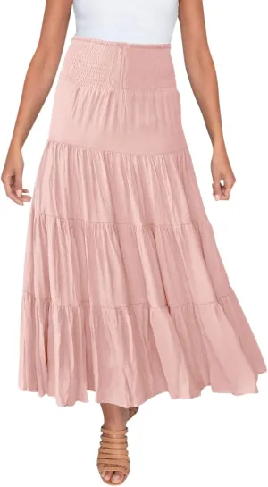 Long Pleated Skirts for Women A Line Summer High Waist Maxi Skirts Tiered Bohemian Flowy Drawstring Casual Skirts