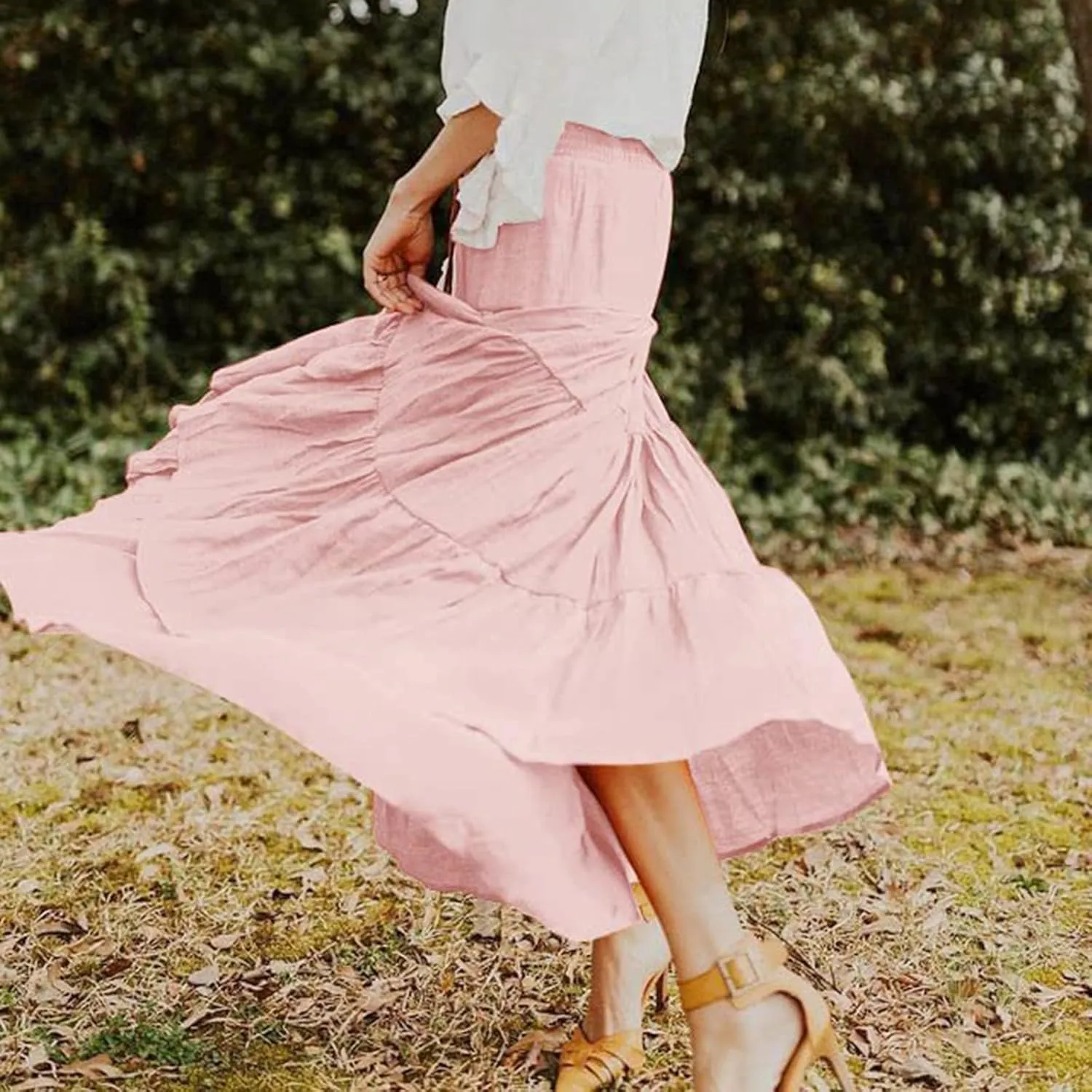 Long Pleated Skirts for Women A Line Summer High Waist Maxi Skirts Tiered Bohemian Flowy Drawstring Casual Skirts