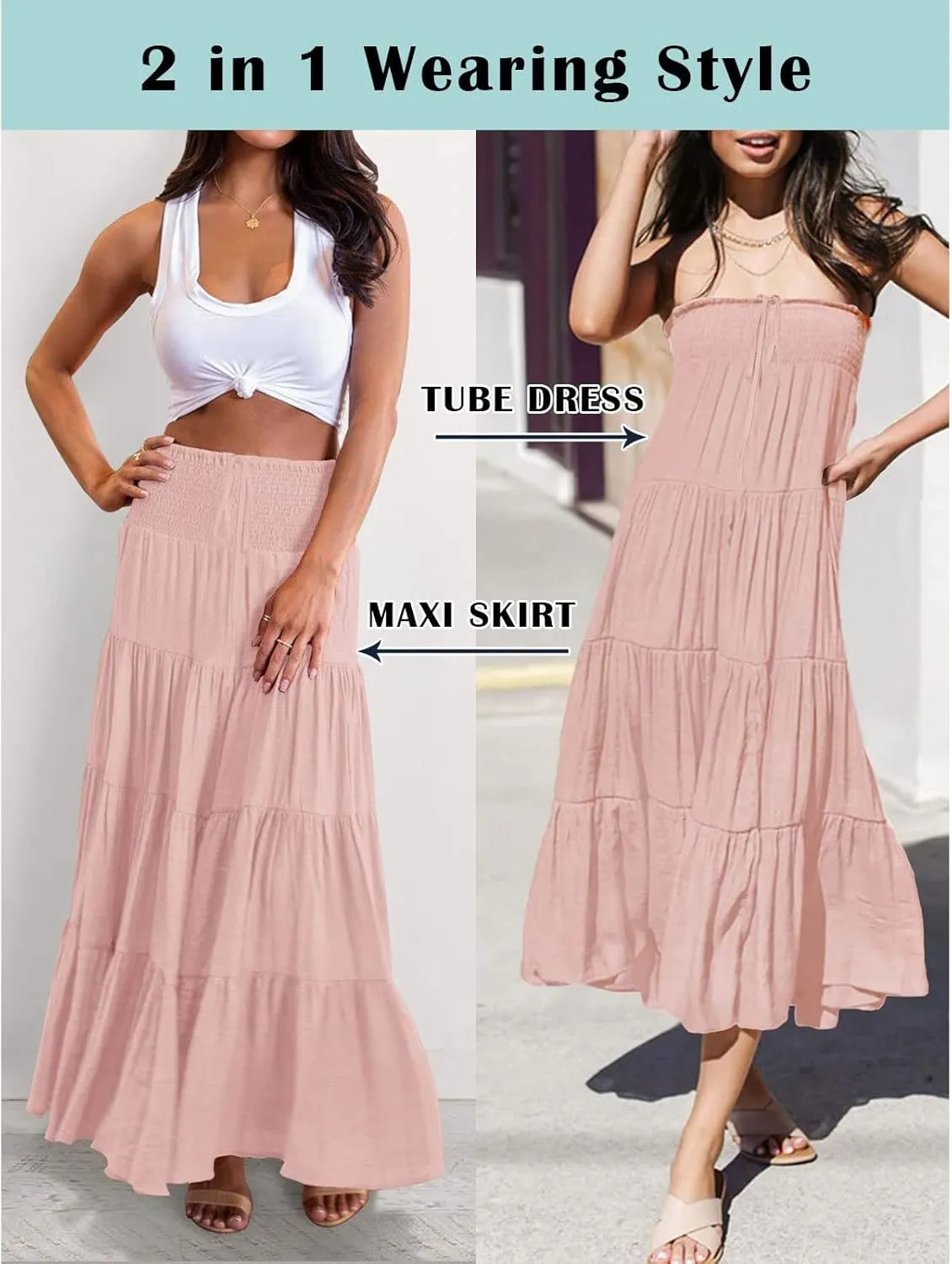 Long Pleated Skirts for Women A Line Summer High Waist Maxi Skirts Tiered Bohemian Flowy Drawstring Casual Skirts