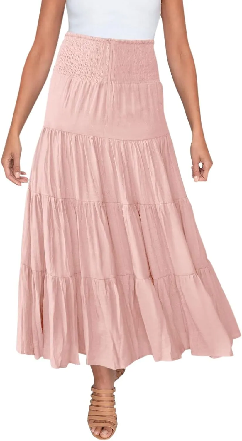 Long Pleated Skirts for Women A Line Summer High Waist Maxi Skirts Tiered Bohemian Flowy Drawstring Casual Skirts