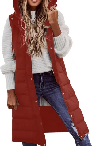 Long Puffer Vest Women Vest With Hood Sleeveless Warm Down Coat With Pockets Quilted Vest Down Plus Size Winter Long
