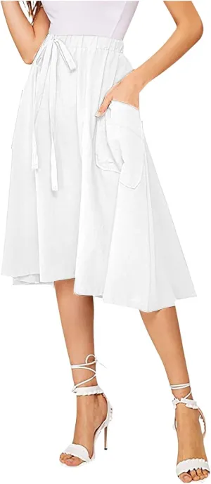 Long Skirts for Women Below Knee Length Casual Elastic Tie Waist Flowy A Line High Low Midi Skirt Dress with Pockets