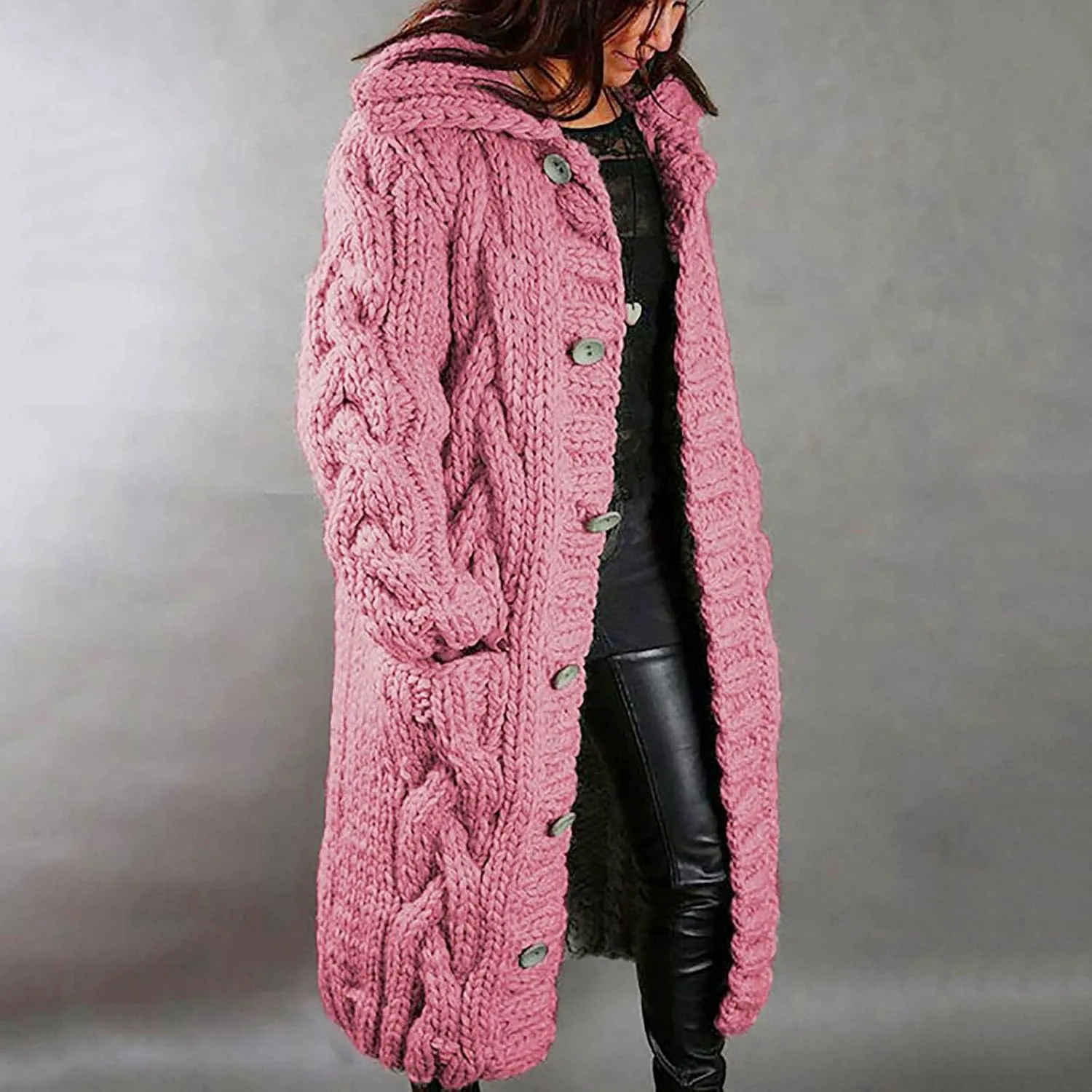 Long Sleeve Cable Knit Long Cardigan for Women 2024 Fall Winter Chunky Open Front Button Sweaters with Pockets
