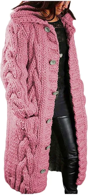 Long Sleeve Cable Knit Long Cardigan for Women 2024 Fall Winter Chunky Open Front Button Sweaters with Pockets