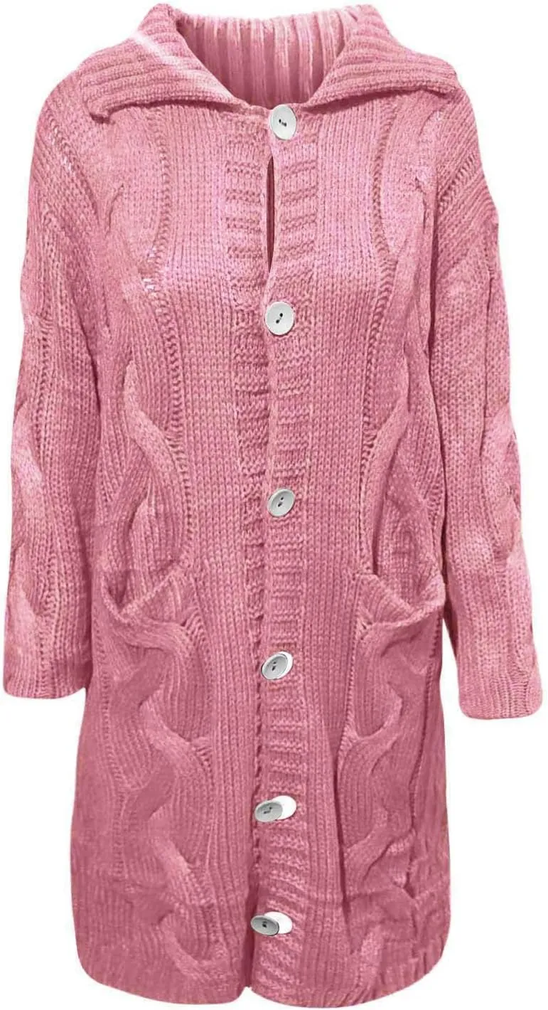 Long Sleeve Cable Knit Long Cardigan for Women 2024 Fall Winter Chunky Open Front Button Sweaters with Pockets