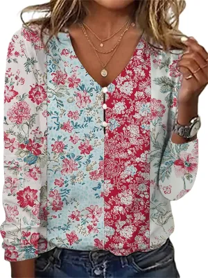 Long Sleeve Shirts for Women Boho Floral Print V Neck Dressy Casual Summer Blouses Vintage Tunic Tops