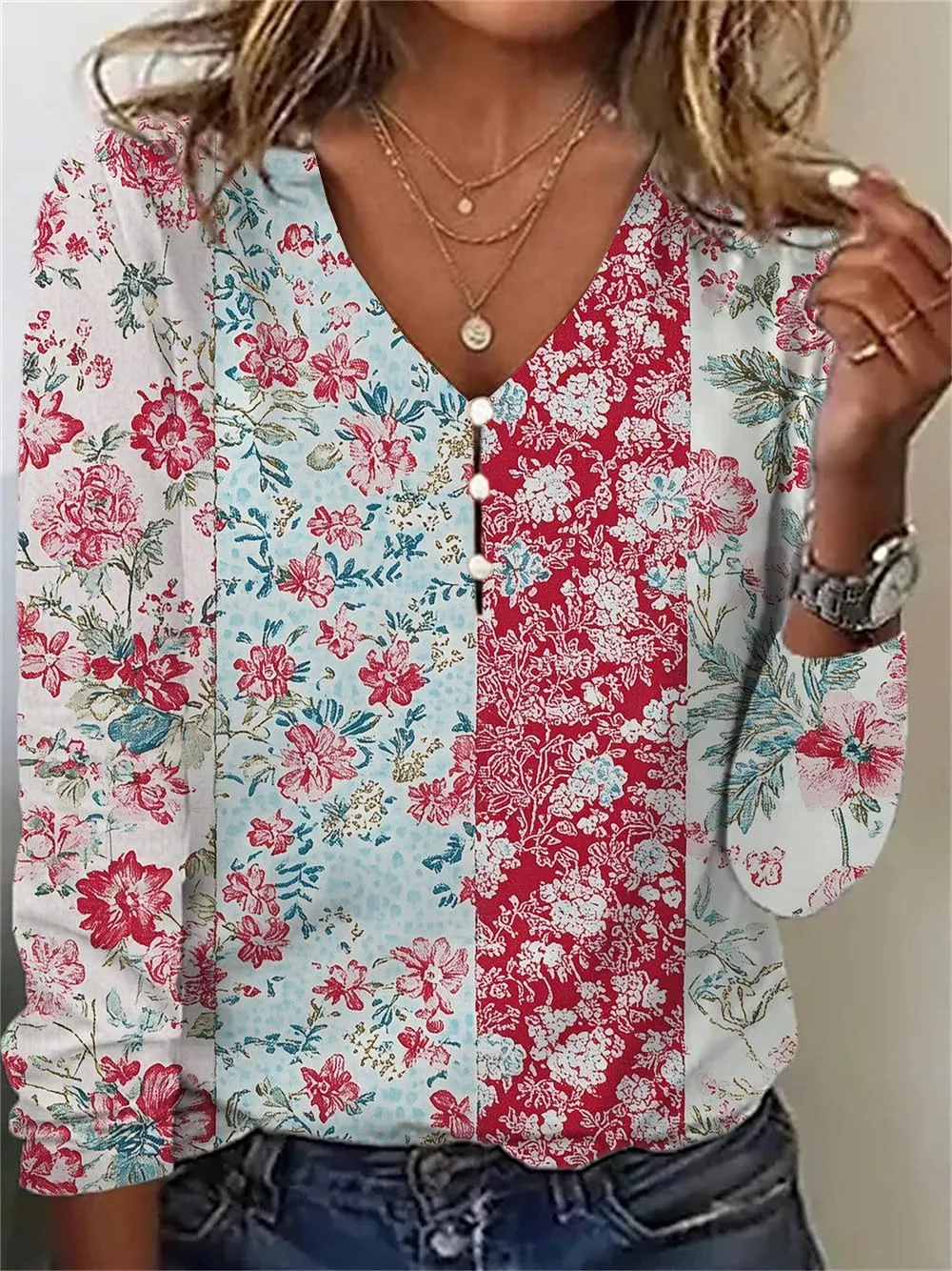 Long Sleeve Shirts for Women Boho Floral Print V Neck Dressy Casual Summer Blouses Vintage Tunic Tops
