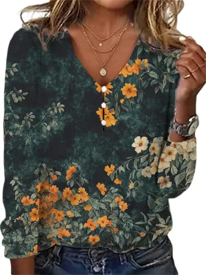 Long Sleeve Shirts for Women Boho Floral Print V Neck Dressy Casual Summer Blouses Vintage Tunic Tops