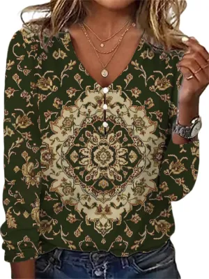 Long Sleeve Shirts for Women Boho Floral Print V Neck Dressy Casual Summer Blouses Vintage Tunic Tops