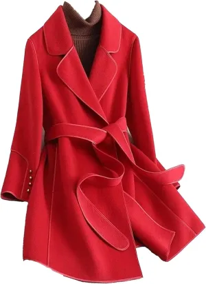 Maiyifu-GJ Women's Mid Length Wool Blend Overcoat Elegant Lapel Collar Coat Casual Long Sleeve Outerwear with Belt