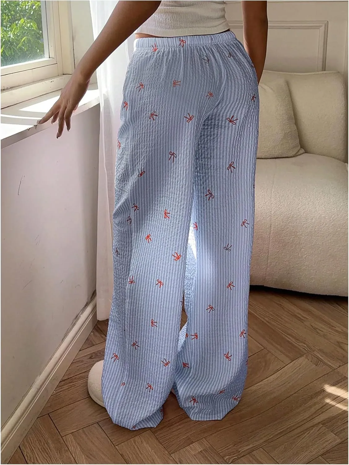 MakeMeChic Women's Y2K Bow Striped Pants Elastic Waist Pants Drawstring Straight Leg Trousers