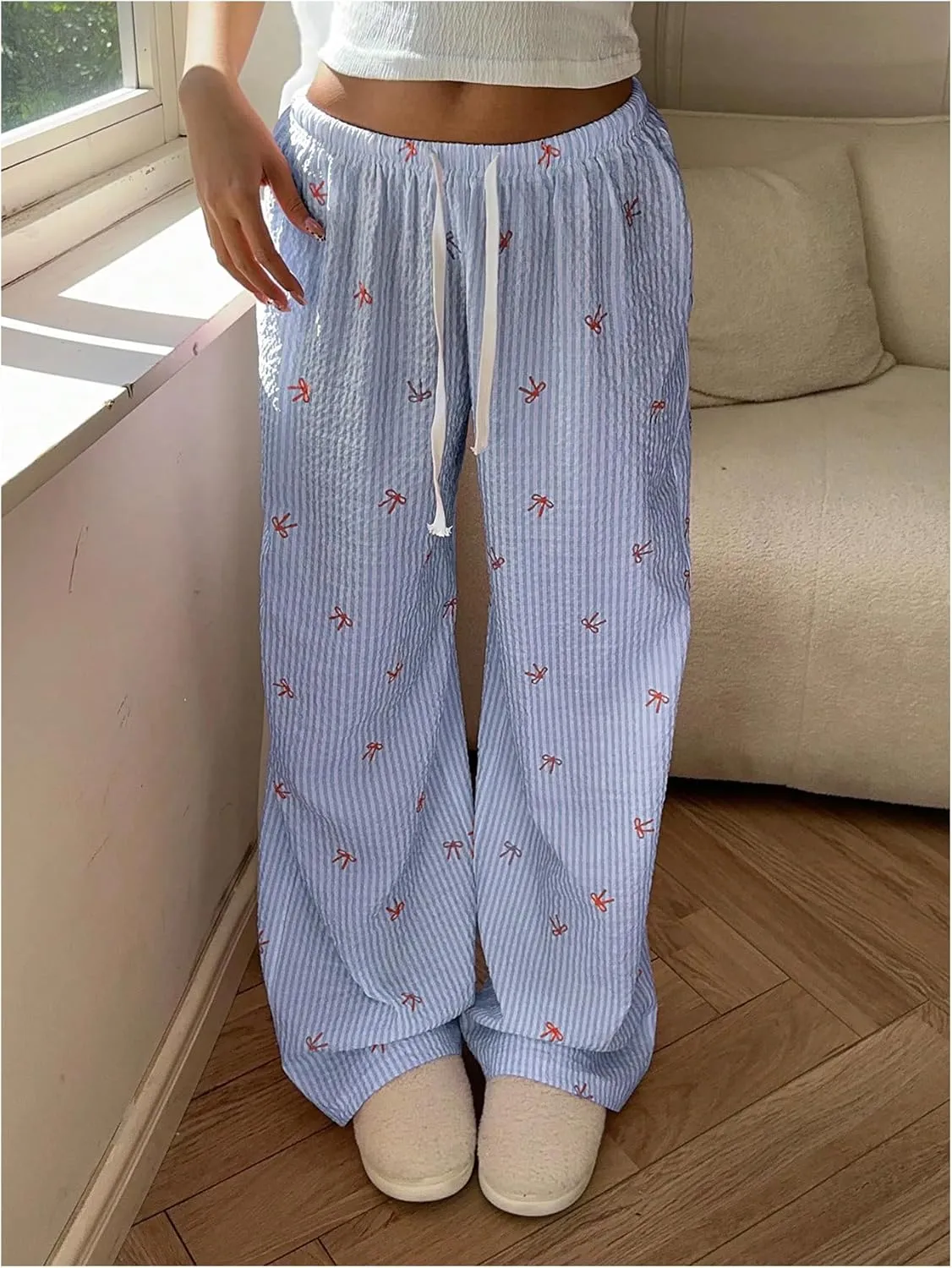MakeMeChic Women's Y2K Bow Striped Pants Elastic Waist Pants Drawstring Straight Leg Trousers