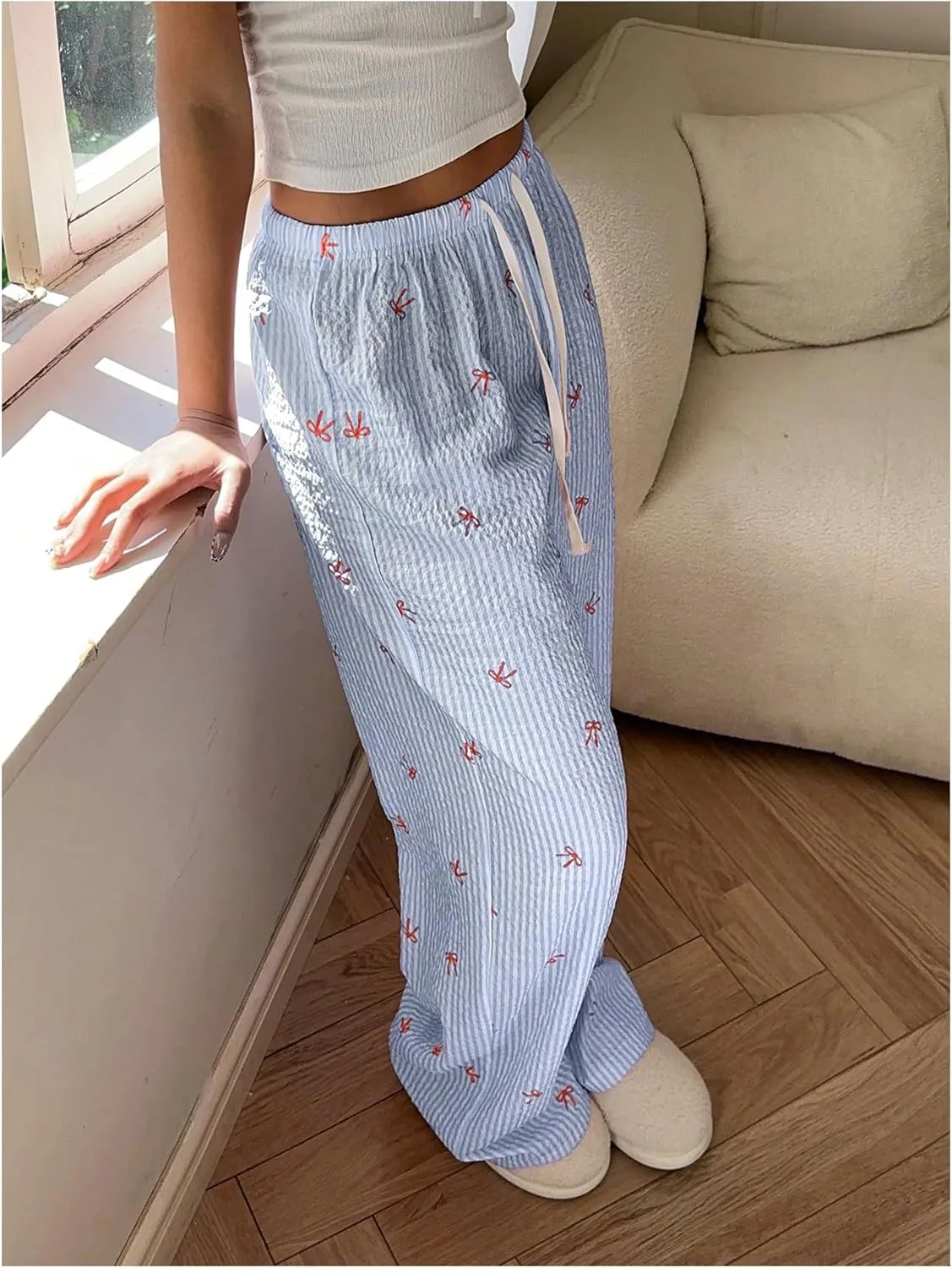 MakeMeChic Women's Y2K Bow Striped Pants Elastic Waist Pants Drawstring Straight Leg Trousers