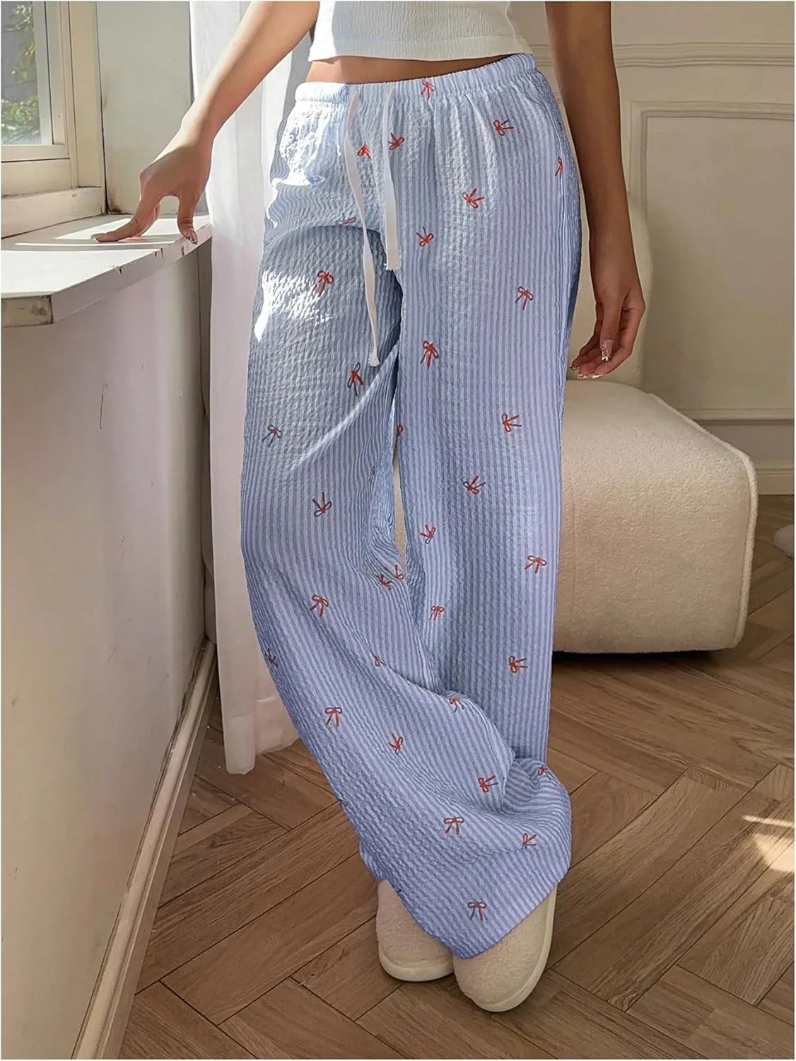 MakeMeChic Women's Y2K Bow Striped Pants Elastic Waist Pants Drawstring Straight Leg Trousers