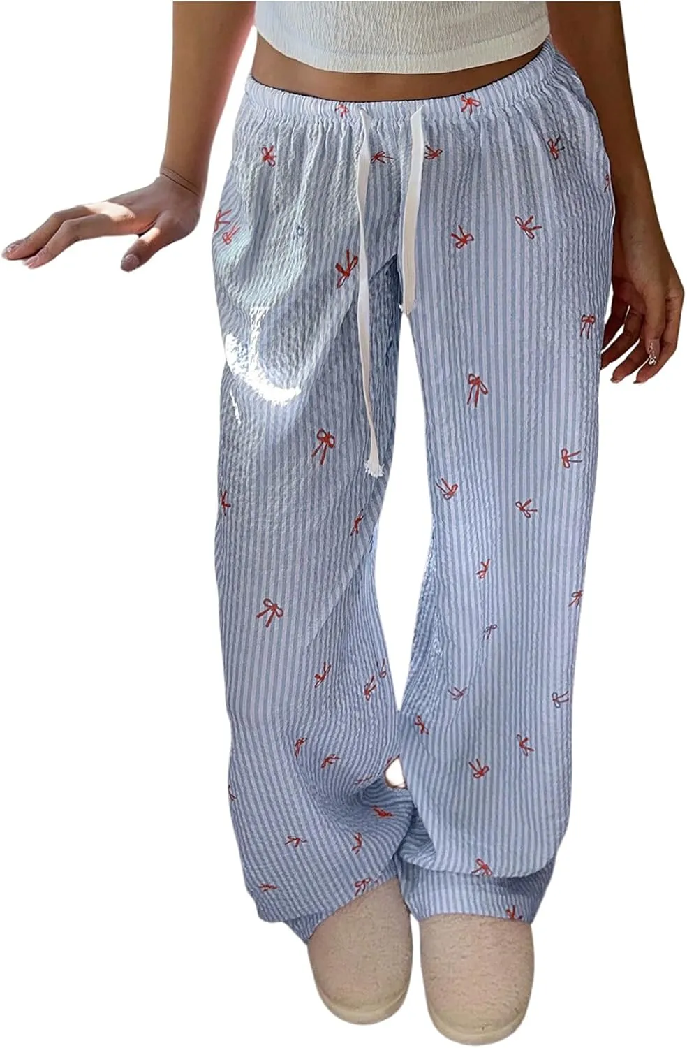 MakeMeChic Women's Y2K Bow Striped Pants Elastic Waist Pants Drawstring Straight Leg Trousers