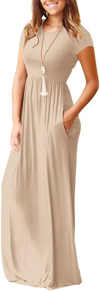 Maxi Dress for Women Short Sleeve Loose Plain Casual Dress Summer Elegant Dressy Comfy Long Dresses with Pockets