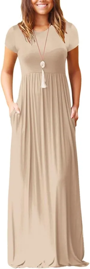 Maxi Dress for Women Short Sleeve Loose Plain Casual Dress Summer Elegant Dressy Comfy Long Dresses with Pockets