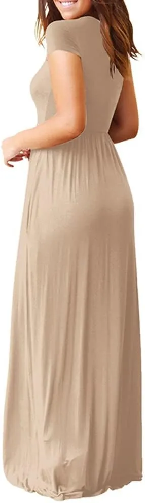 Maxi Dress for Women Short Sleeve Loose Plain Casual Dress Summer Elegant Dressy Comfy Long Dresses with Pockets