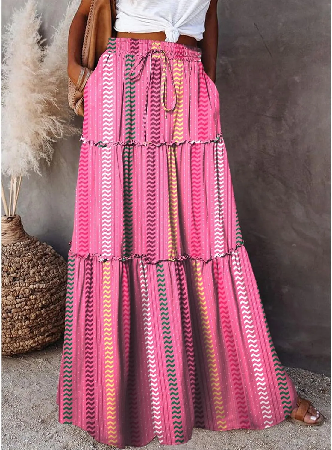 Maxi Skirts for Women Boho Floral Tiered Skirt with Pocket 2025 Summer Elastic Waist Vacation A-Line Long Skirts