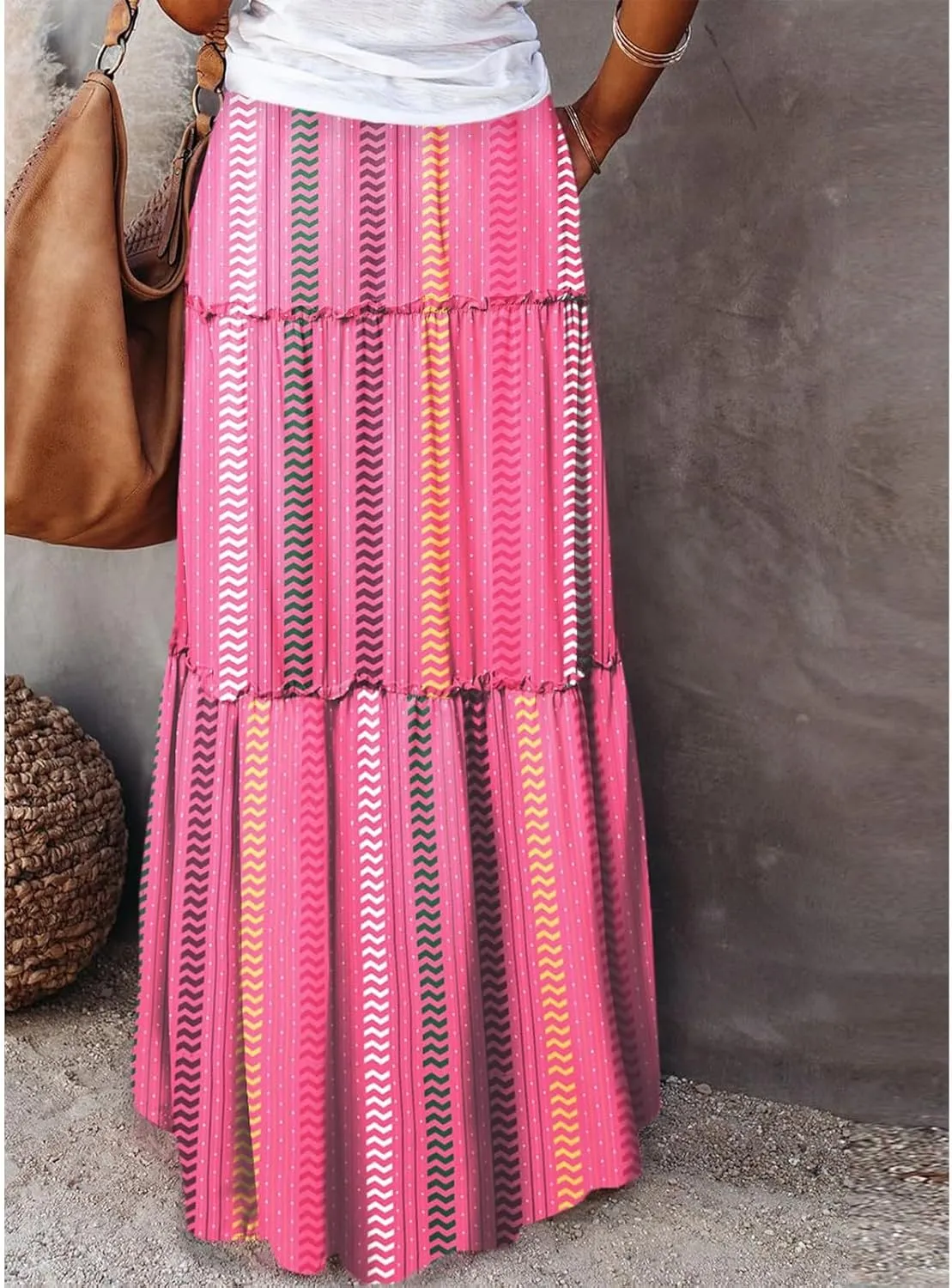 Maxi Skirts for Women Boho Floral Tiered Skirt with Pocket 2025 Summer Elastic Waist Vacation A-Line Long Skirts