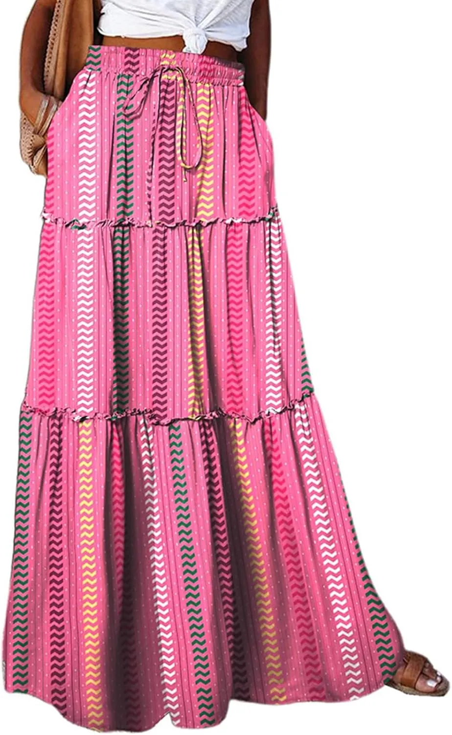 Maxi Skirts for Women Boho Floral Tiered Skirt with Pocket 2025 Summer Elastic Waist Vacation A-Line Long Skirts