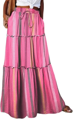 Maxi Skirts for Women Boho Floral Tiered Skirt with Pocket 2025 Summer Elastic Waist Vacation A-Line Long Skirts