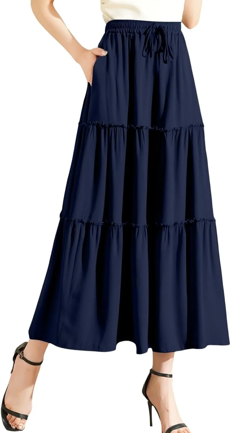 Maxi Skirts for Women Flowy Boho with Pockets Drawstring Elastic High Waist A-Line Ruffle Tiered Summer Long Skirts