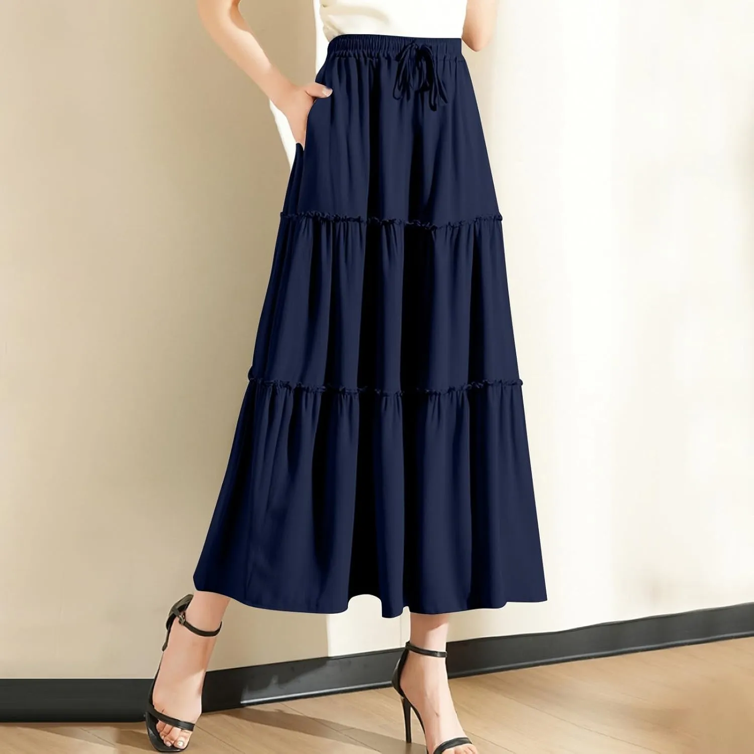 Maxi Skirts for Women Flowy Boho with Pockets Drawstring Elastic High Waist A-Line Ruffle Tiered Summer Long Skirts