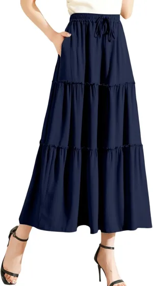 Maxi Skirts for Women Flowy Boho with Pockets Drawstring Elastic High Waist A-Line Ruffle Tiered Summer Long Skirts